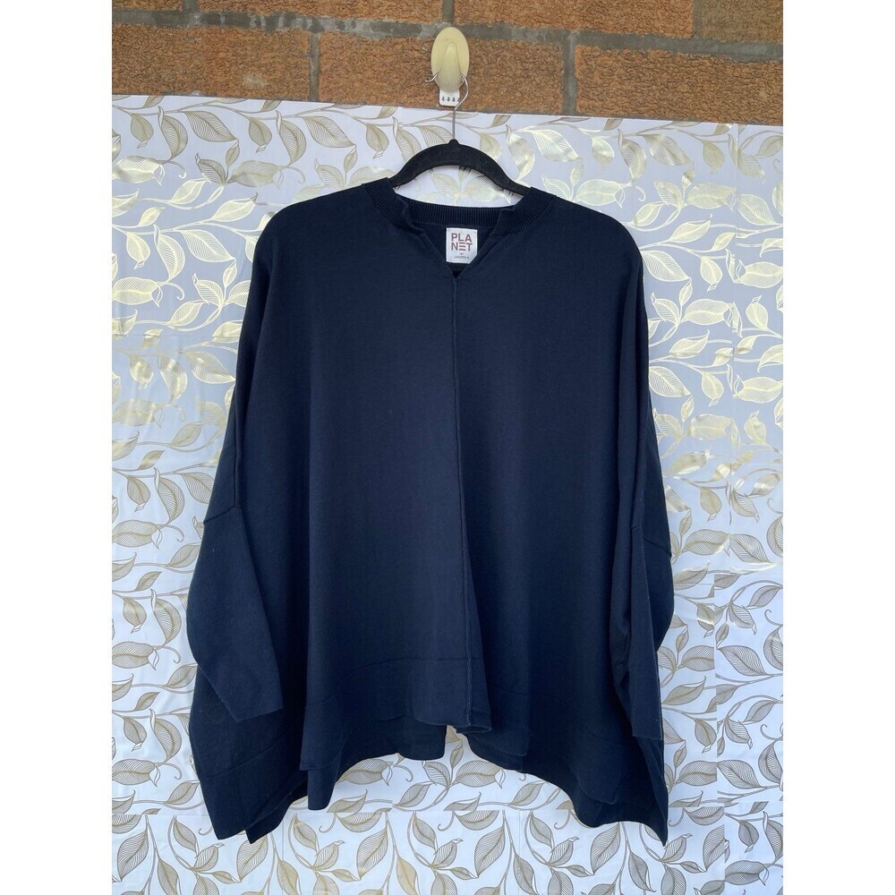 Planet by Lauren G Navy Pima Cotton Boxy Poncho Sweater | Lagenlook One Size